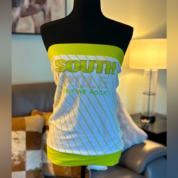 South Pole Tops - Y2K SOUTH POLE “ WHY WE ROCK” Lime Green and White Striped, Rhinestone Logo, (L)